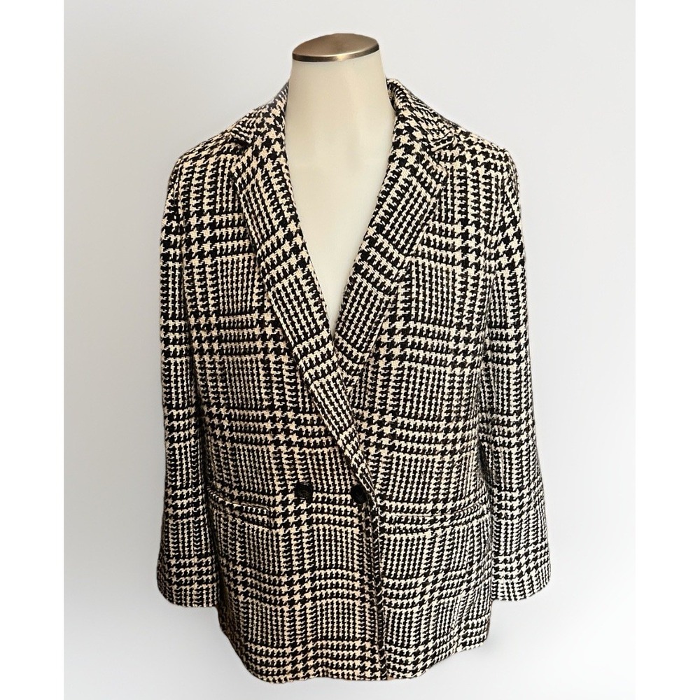 Talbots Womens 10P Double Breasted Blazer Black Cream Plaid Wool Blend Jacket